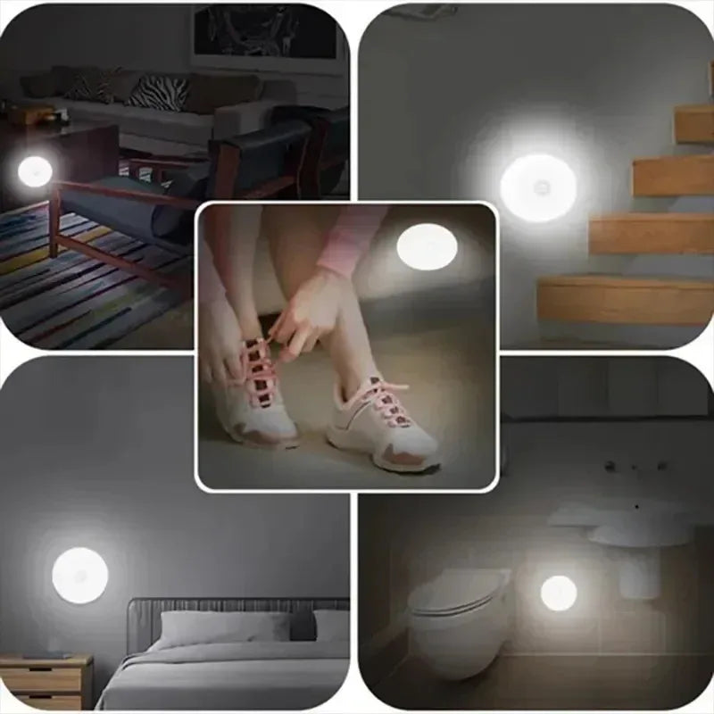 Round LED night light used near stairs, a desk and a bedside
