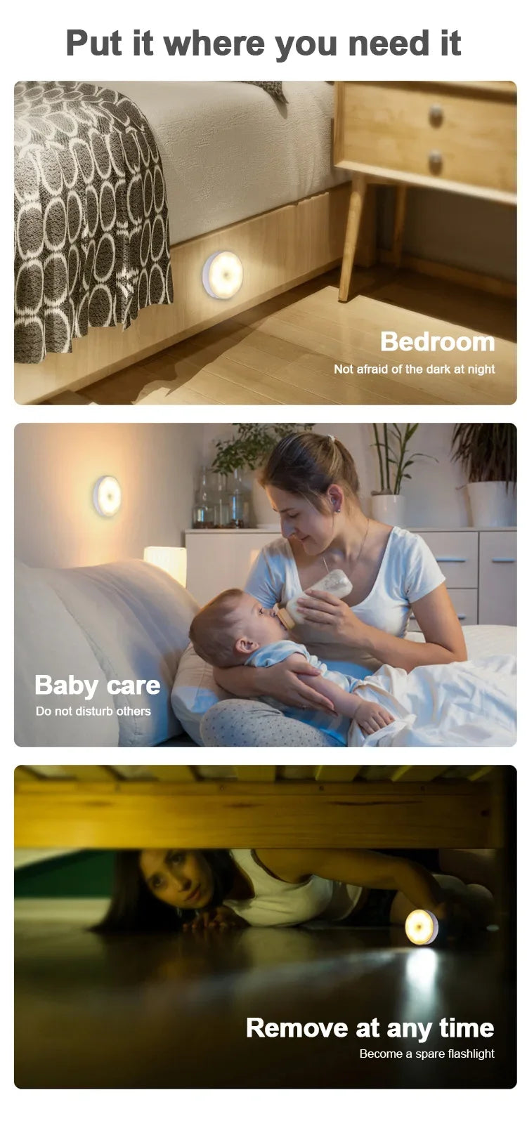 Portable LED night light in bedroom and household settings