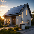 Modern home energy system with solar panels and battery storage.
