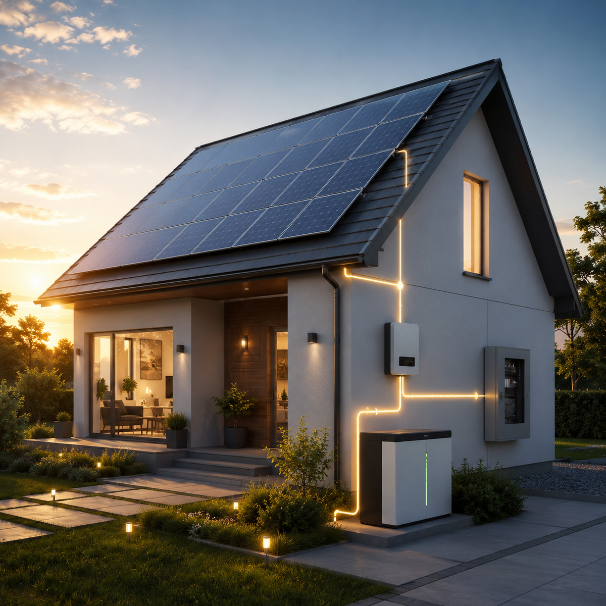 Modern home energy system with solar panels and battery storage.