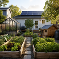 Self-sufficient backyard with raised garden beds, greenhouse, rain barrels, solar panels, and chicken coop