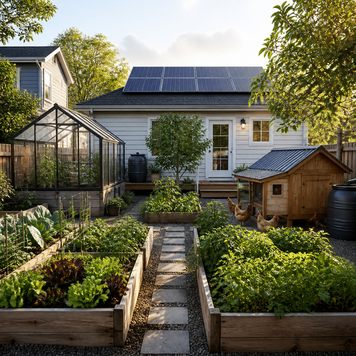 Self-sufficient backyard with raised garden beds, greenhouse, rain barrels, solar panels, and chicken coop
