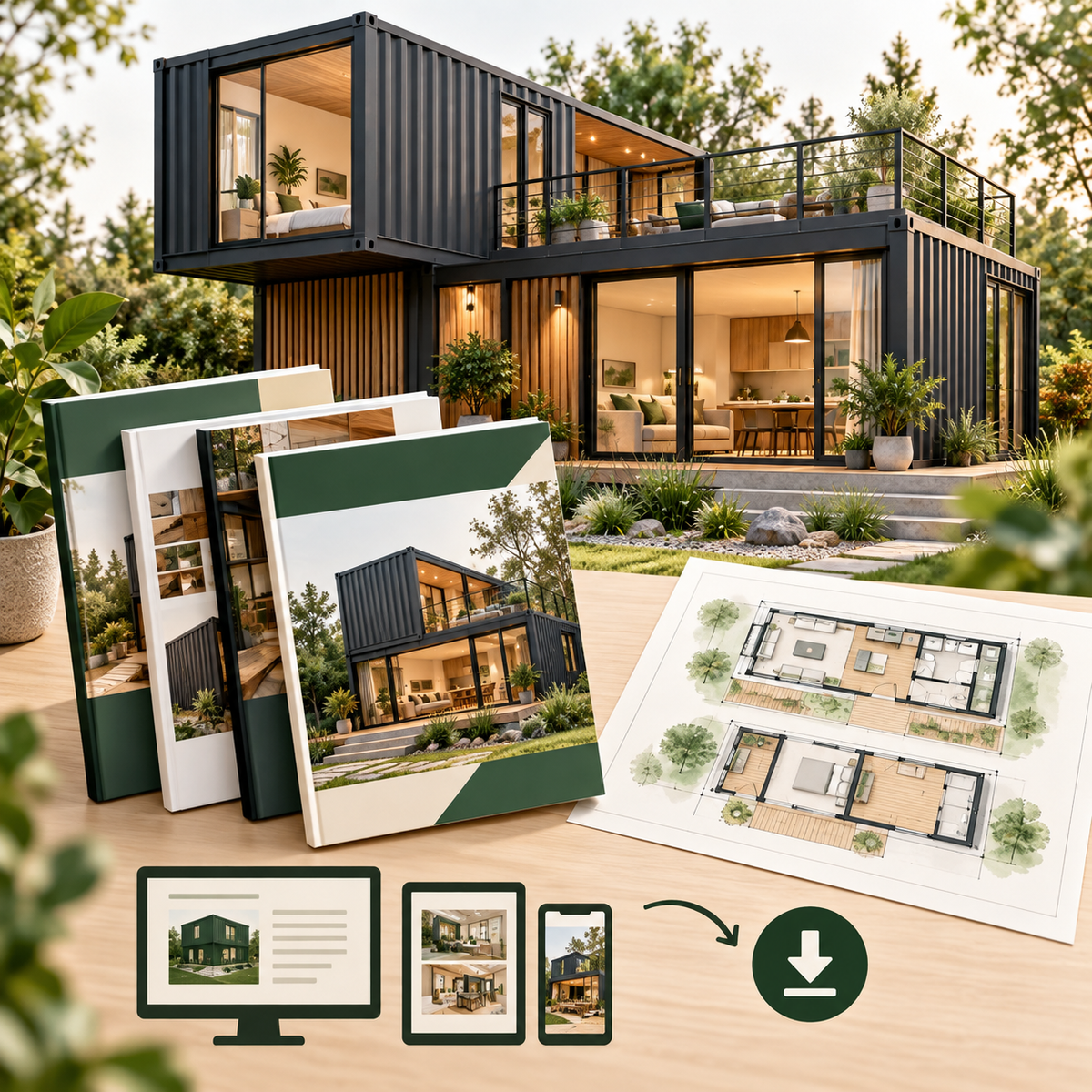 Illustration of a shipping container home and digital building guides