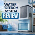 Water Freedom System Review cover showing a home atmospheric water collection appliance.