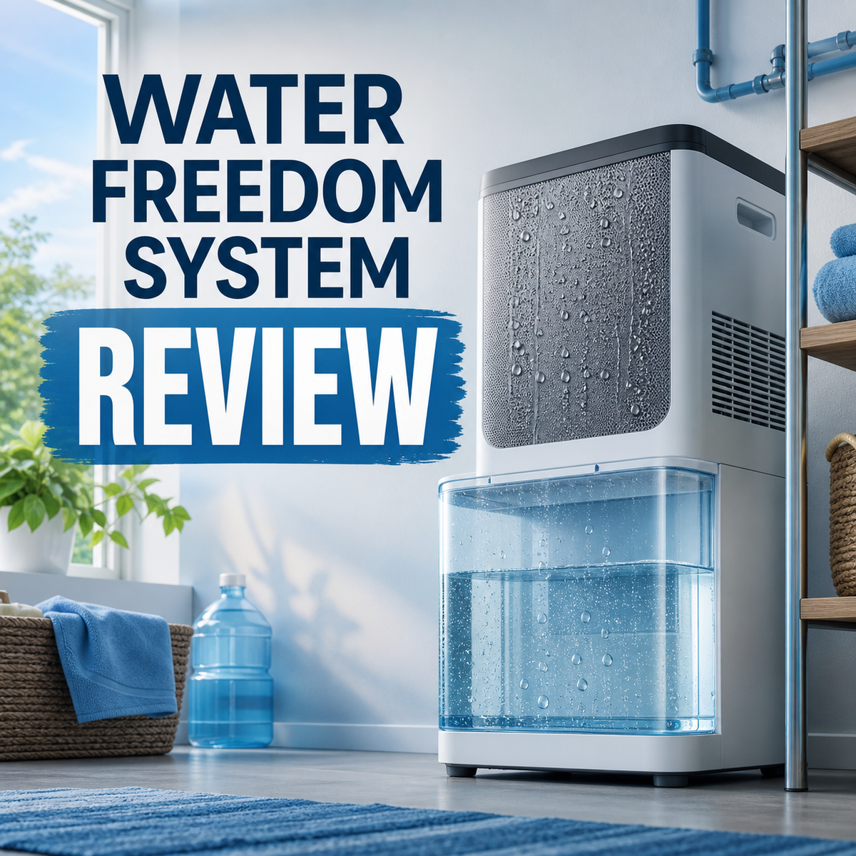 Water Freedom System Review cover showing a home atmospheric water collection appliance.